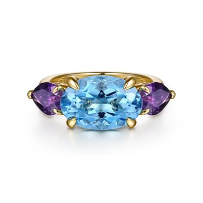 14K Yellow Gold Blue Topaz and Amethyst Signet Ring