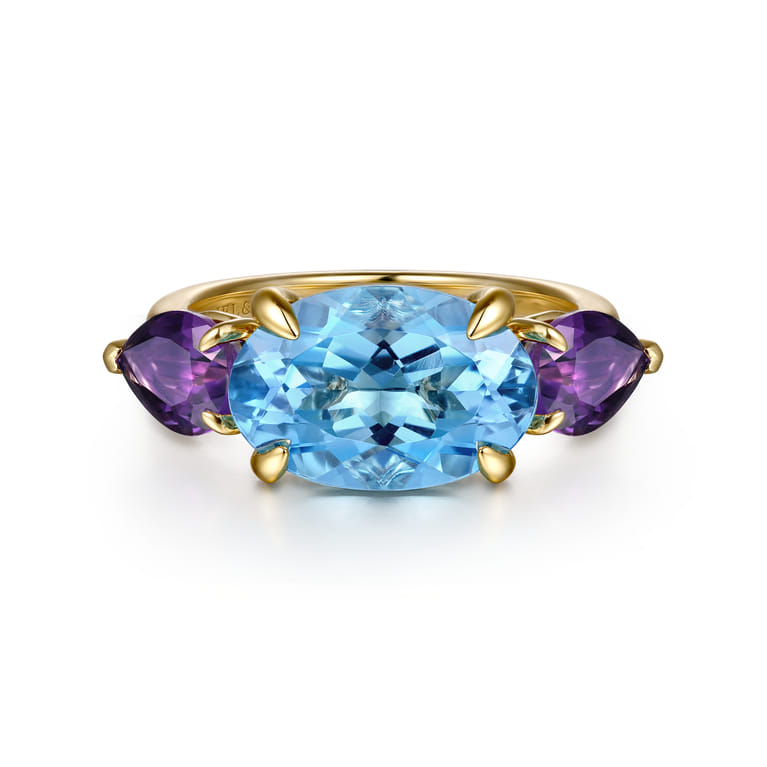 14K Yellow Gold Blue Topaz and Amethyst Signet Ring - Shot 1