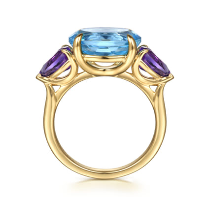 14K Yellow Gold Blue Topaz and Amethyst Signet Ring