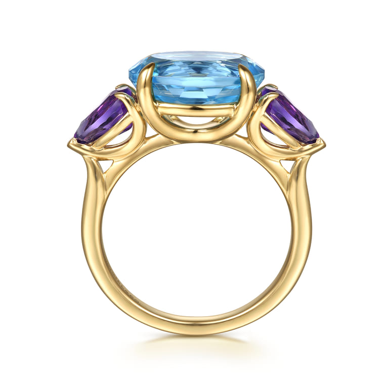 14K Yellow Gold Blue Topaz and Amethyst Signet Ring - Shot 2