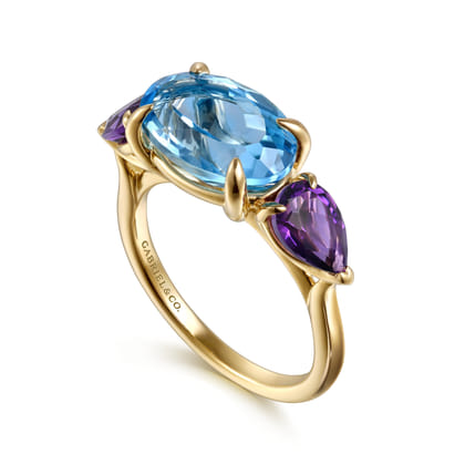 14K Yellow Gold Blue Topaz and Amethyst Signet Ring