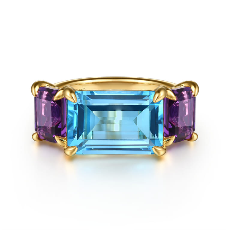 14K Yellow Gold Blue Topaz and Amethyst Signet Ring - Shot 1