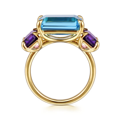 14K Yellow Gold Blue Topaz and Amethyst Signet Ring