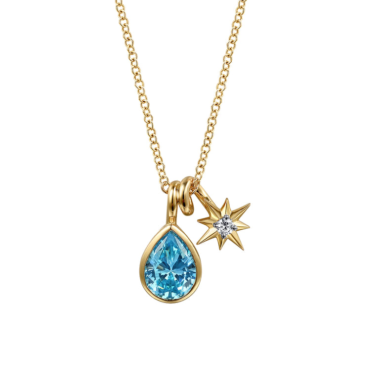 14K Yellow Gold Blue Topaz and Diamond Teardrop Pendant Necklace - 0.04 ct - Shot 1