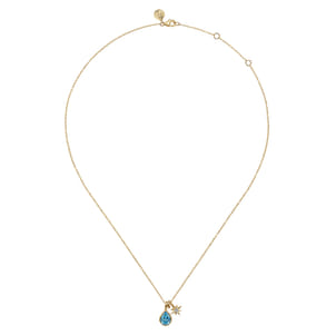 14K Yellow Gold Blue Topaz and Diamond Teardrop Pendant Necklace
