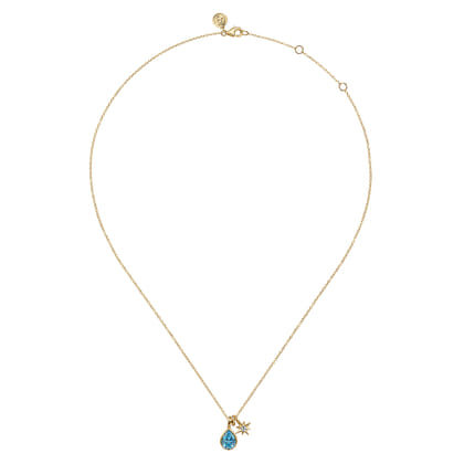 14K Yellow Gold Blue Topaz and Diamond Teardrop Pendant Necklace
