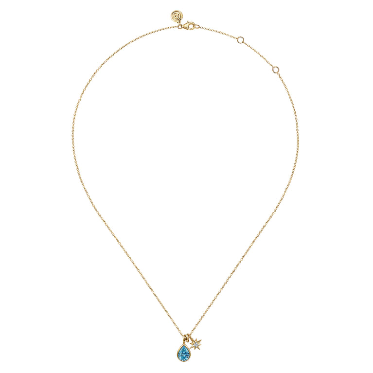 14K Yellow Gold Blue Topaz and Diamond Teardrop Pendant Necklace - 0.04 ct - Shot 2