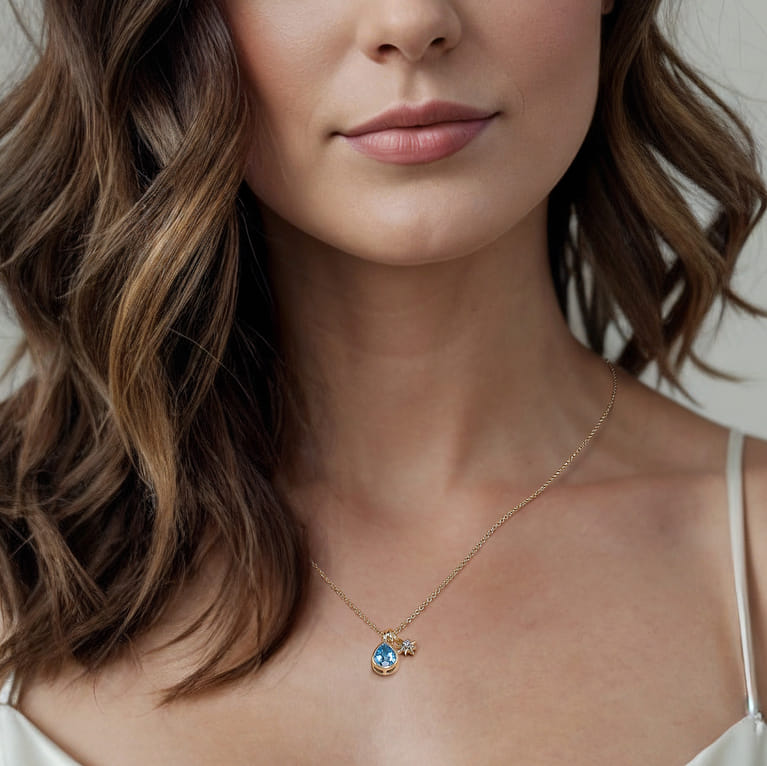14K Yellow Gold Blue Topaz and Diamond Teardrop Pendant Necklace - 0.04 ct - Shot 4