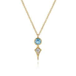 14K Yellow Gold Blue Topaz and Kite Diamond Pendant Necklace