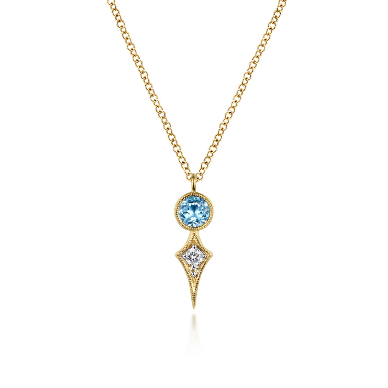 14K Yellow Gold Blue Topaz and Kite Diamond Pendant Necklace - 0.05 ct - Shot 1