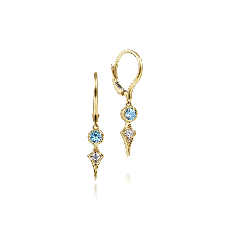 14K Yellow Gold Blue Topaz and Spiked Diamond Kite Drop Earrings - 0.05 ct - Shot 1