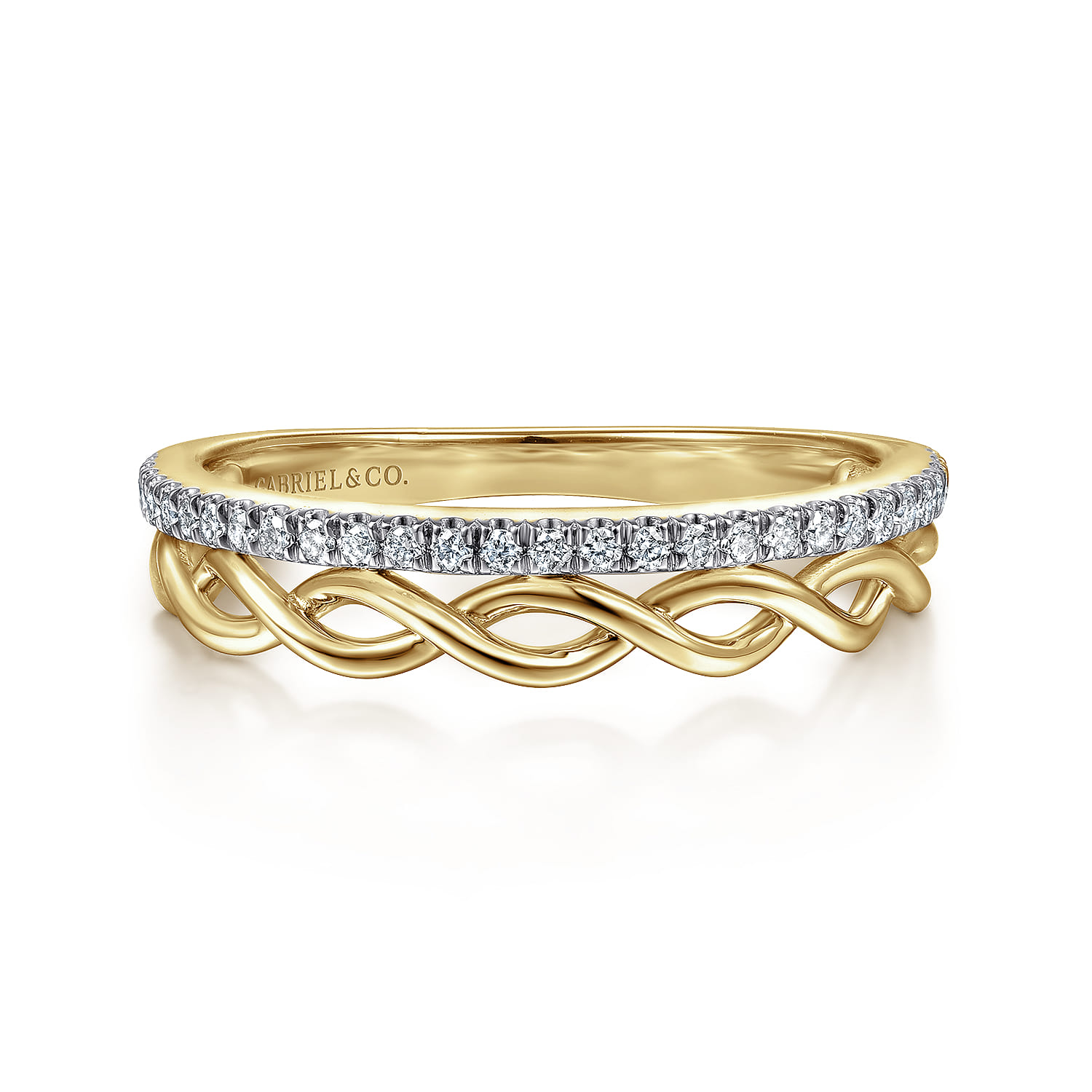 14K Yellow Gold Braided Metal and Diamond Row Ring - 0.15 ct - Shot 1
