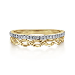 14K Yellow Gold Braided Metal and Diamond Row Ring