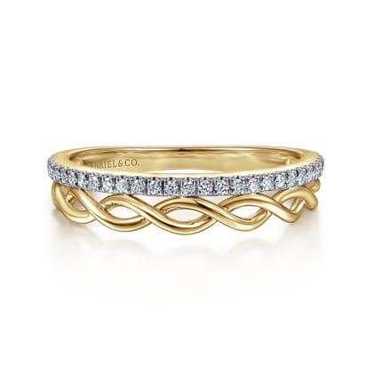 14K Yellow Gold Braided Metal and Diamond Row Ring