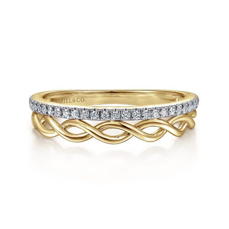 14K Yellow Gold Braided Metal and Diamond Row Ring - 0.15 ct - Shot 1