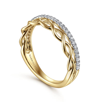 14K Yellow Gold Braided Metal and Diamond Row Ring