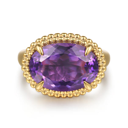 14K Yellow Gold Bujukan Amethyst Double Halo Signet Ring