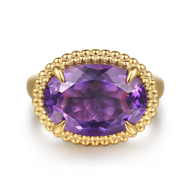 14K Yellow Gold Bujukan Amethyst Double Halo Signet Ring - Shot 1