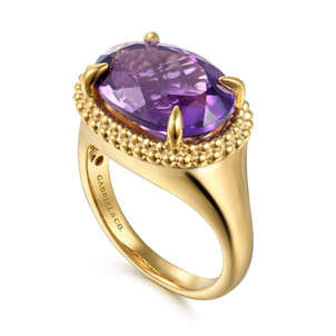 14K Yellow Gold Bujukan Amethyst Double Halo Signet Ring