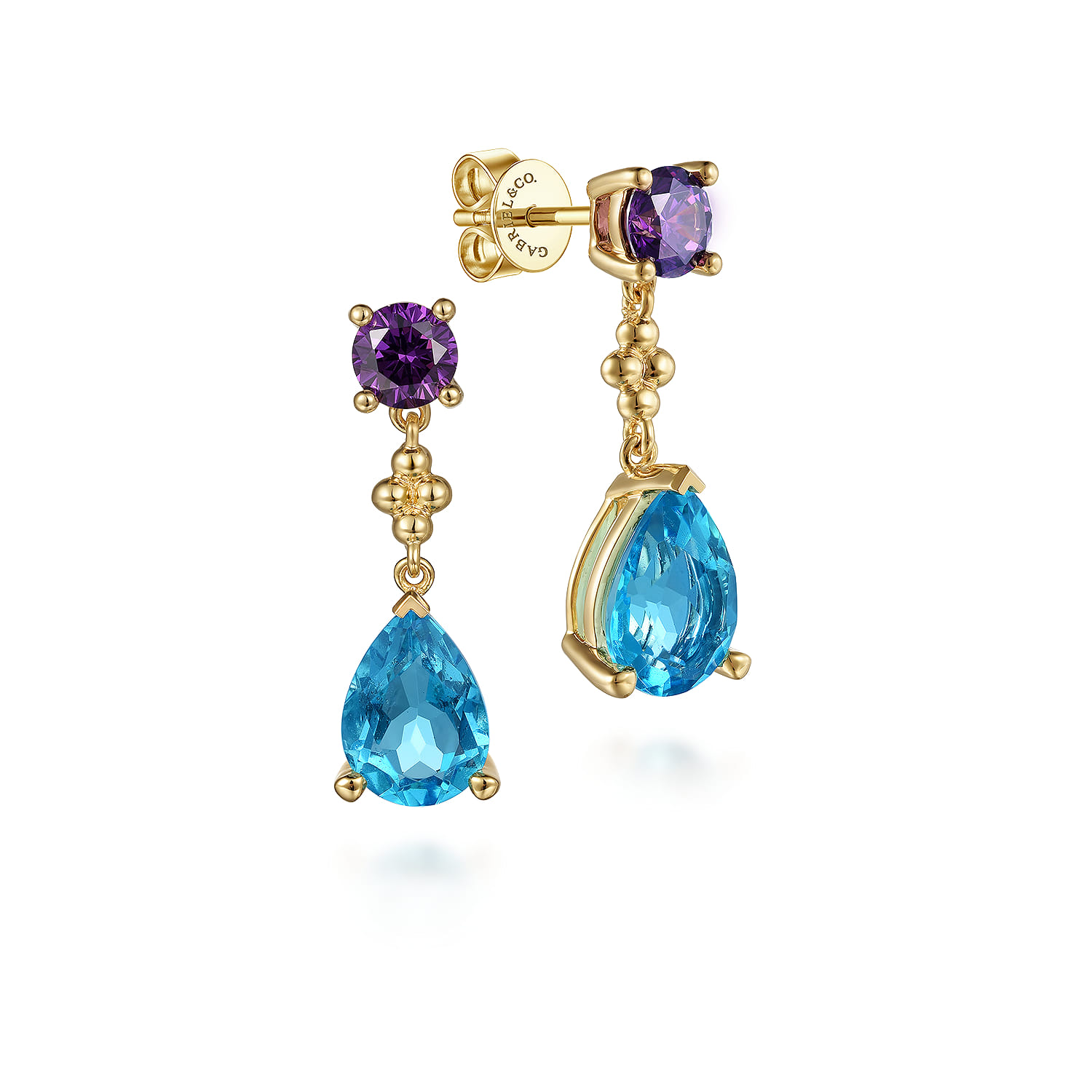 14K Yellow Gold Bujukan Amethyst and Blue Topaz Teardrop Stud Earrings
