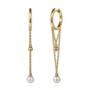 14K Yellow Gold Bujukan And Pearl Huggie Drop Earrings