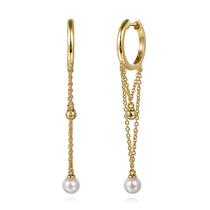 14K Yellow Gold Bujukan And Pearl Huggie Drop Earrings