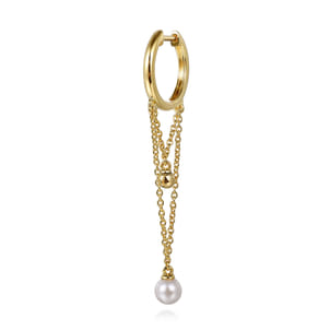 14K Yellow Gold Bujukan And Pearl Huggie Drop Earrings