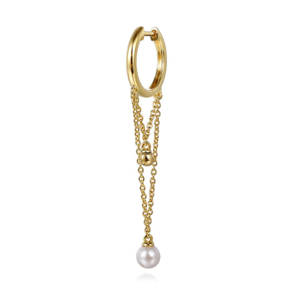 14K Yellow Gold Bujukan And Pearl Huggie Drop Earrings