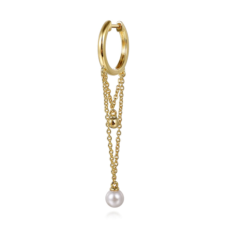 14K Yellow Gold Bujukan And Pearl Huggie Drop Earrings - Shot 3