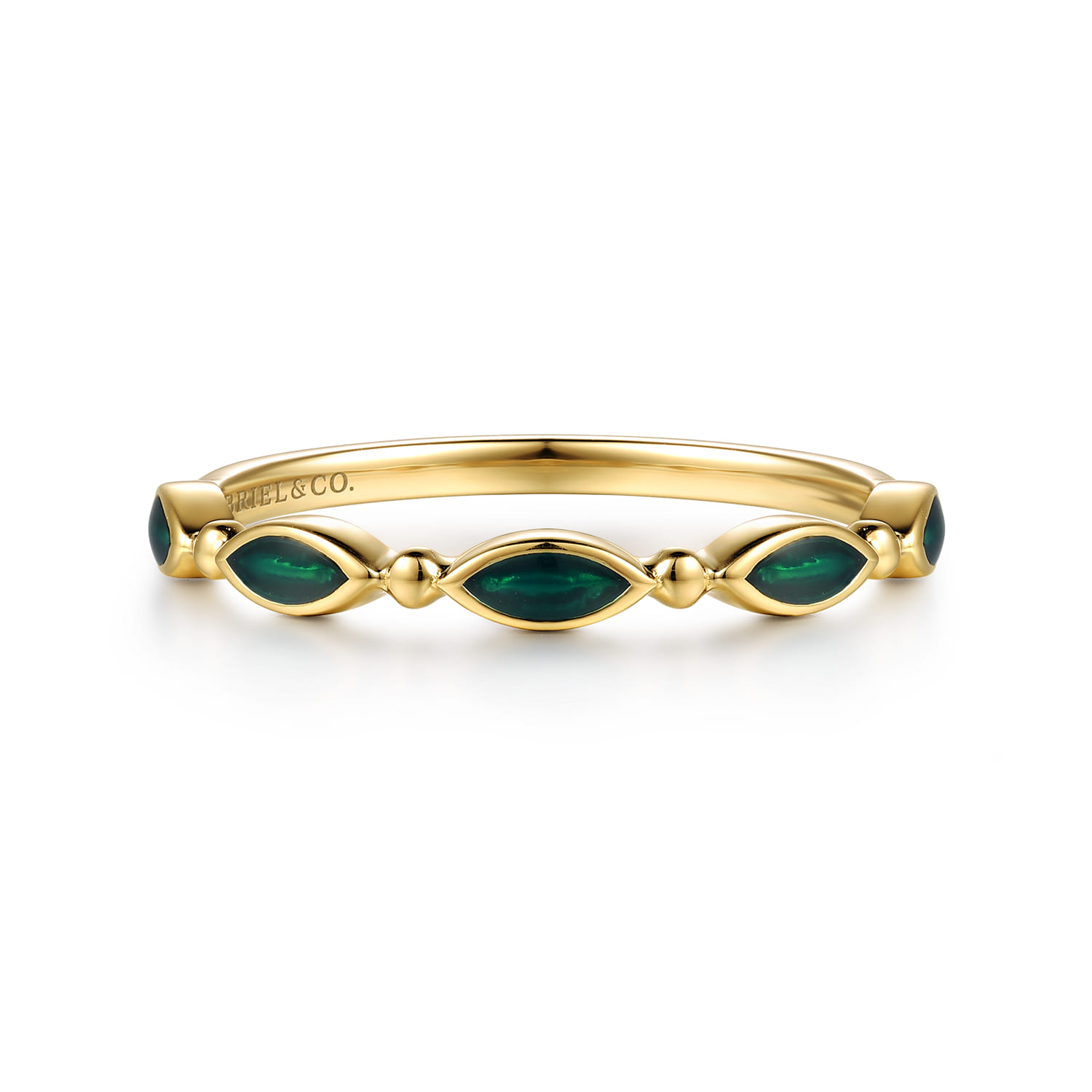 14K Yellow Gold Bujukan Ball and Marquise Shape Stackable Ring with Chrome Green Enamel - Shot 1