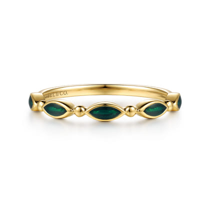 14K Yellow Gold Bujukan Ball and Marquise Shape Stackable Ring with Chrome Green Enamel
