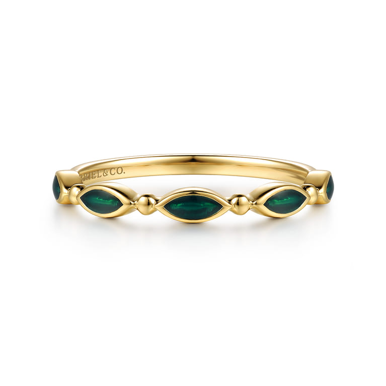 14K Yellow Gold Bujukan Ball and Marquise Shape Stackable Ring with Chrome Green Enamel - Shot 1