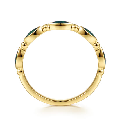 14K Yellow Gold Bujukan Ball and Marquise Shape Stackable Ring with Chrome Green Enamel