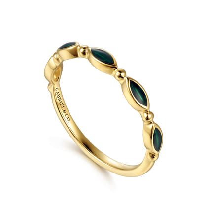 14K Yellow Gold Bujukan Ball and Marquise Shape Stackable Ring with Chrome Green Enamel