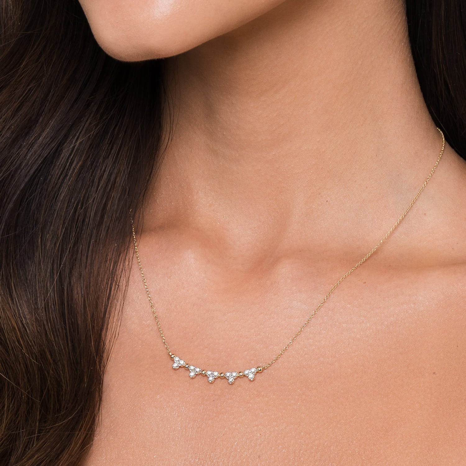 14K Yellow Gold Bujukan Bar Necklace with Diamond Trio Stations - 0.25 ct - Shot 4
