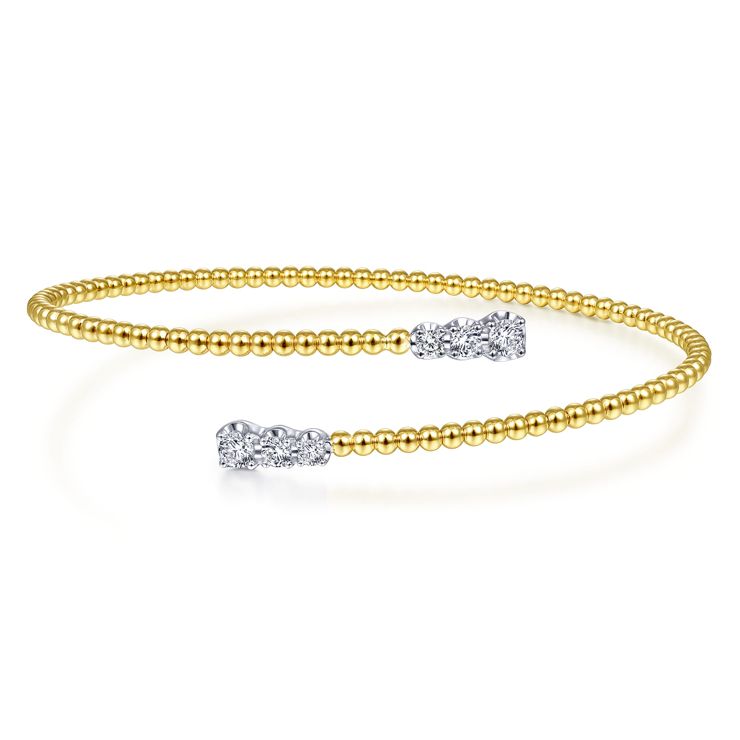 14K Yellow Gold Bujukan Bead Bypass Bangle with Graduating Diamond Caps - 0.42 ct - Shot 1