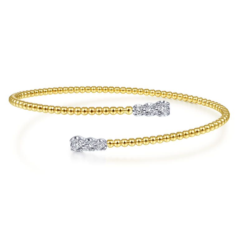 14K Yellow Gold Bujukan Bead Bypass Bangle with Graduating Diamond Caps - 0.42 ct - Shot 1