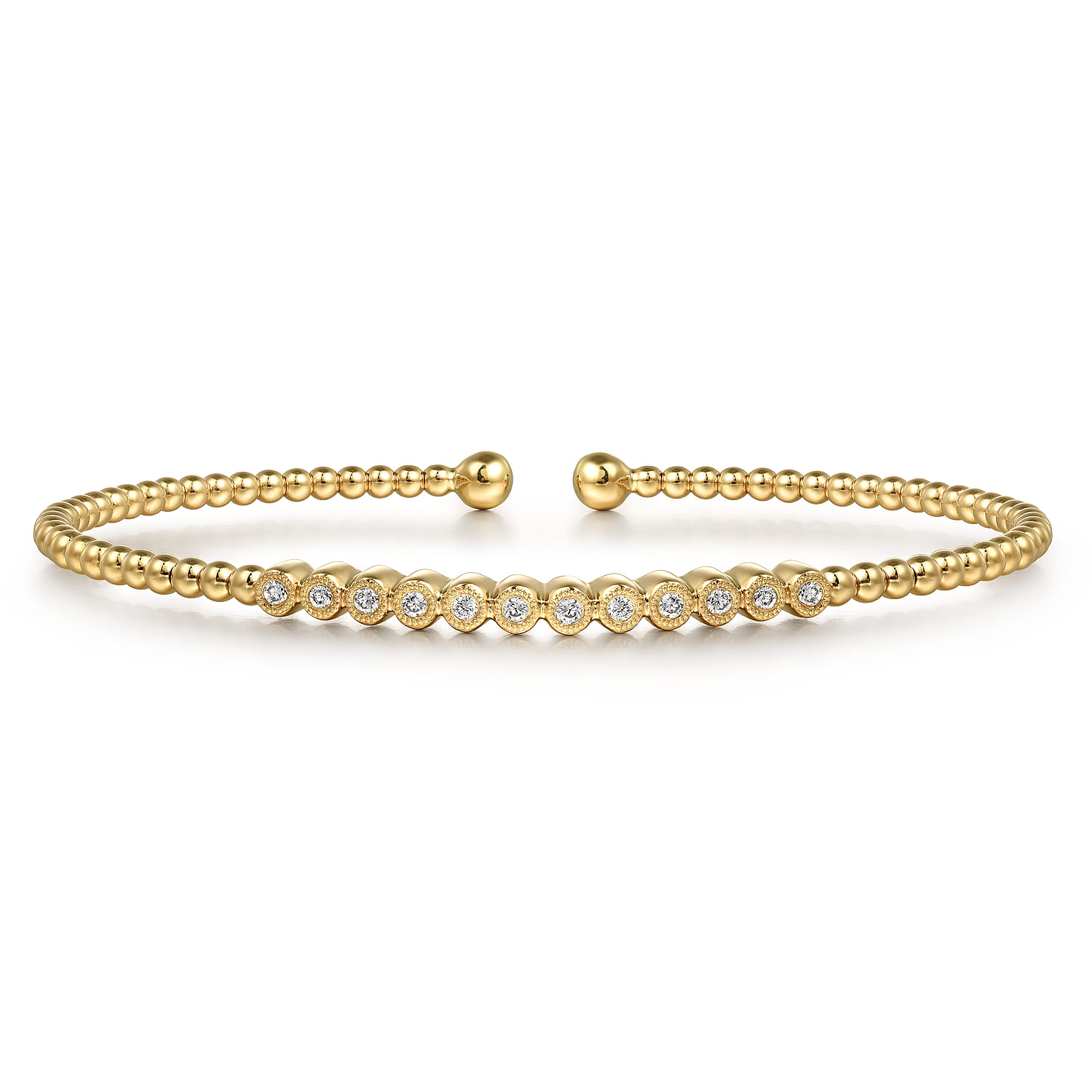 14K Yellow Gold Bujukan Bead Cuff Bracelet with Bezel Set Diamond Stations - 0.15 ct - Shot 1