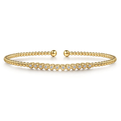 14K Yellow Gold Bujukan Bead Cuff Bracelet with Bezel Set Diamond Stations