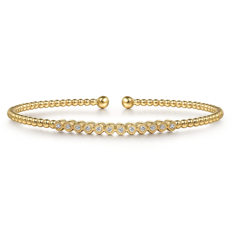 14K Yellow Gold Bujukan Bead Cuff Bracelet with Bezel Set Diamond Stations - 0.15 ct - Shot 1