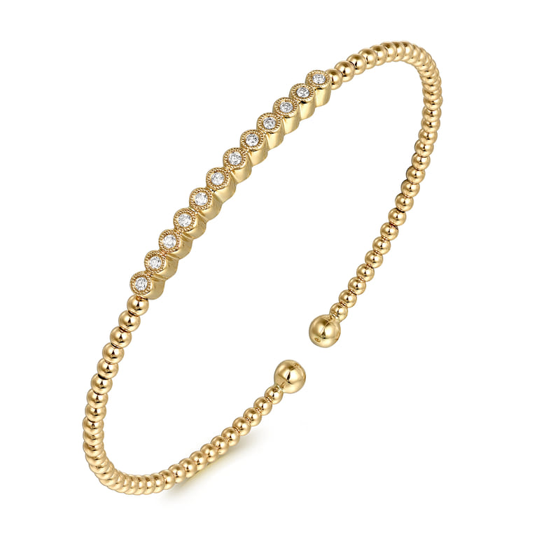 14K Yellow Gold Bujukan Bead Cuff Bracelet with Bezel Set Diamond Stations - 0.15 ct - Shot 2
