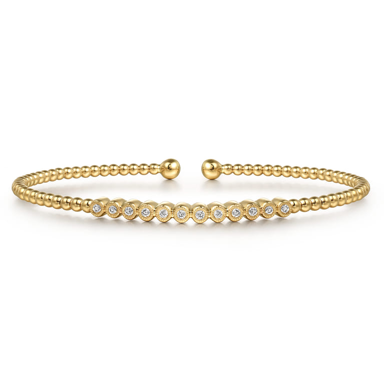 14K Yellow Gold Bujukan Bead Cuff Bracelet with Bezel Set Diamond Stations - 0.15 ct - Shot 1