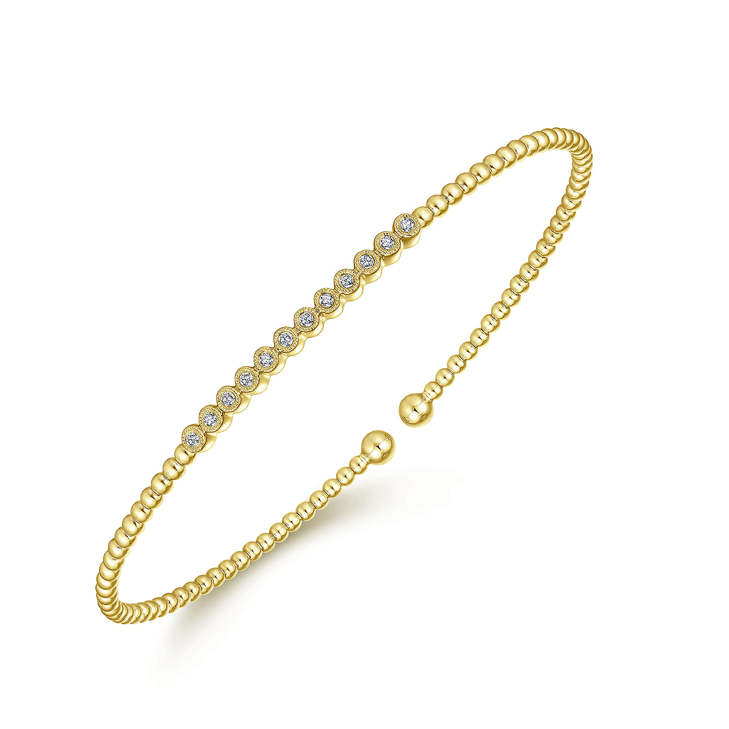 14K Yellow Gold Bujukan Bead Cuff Bracelet with Bezel Set Diamond Stations - 0.15 ct - Shot 2