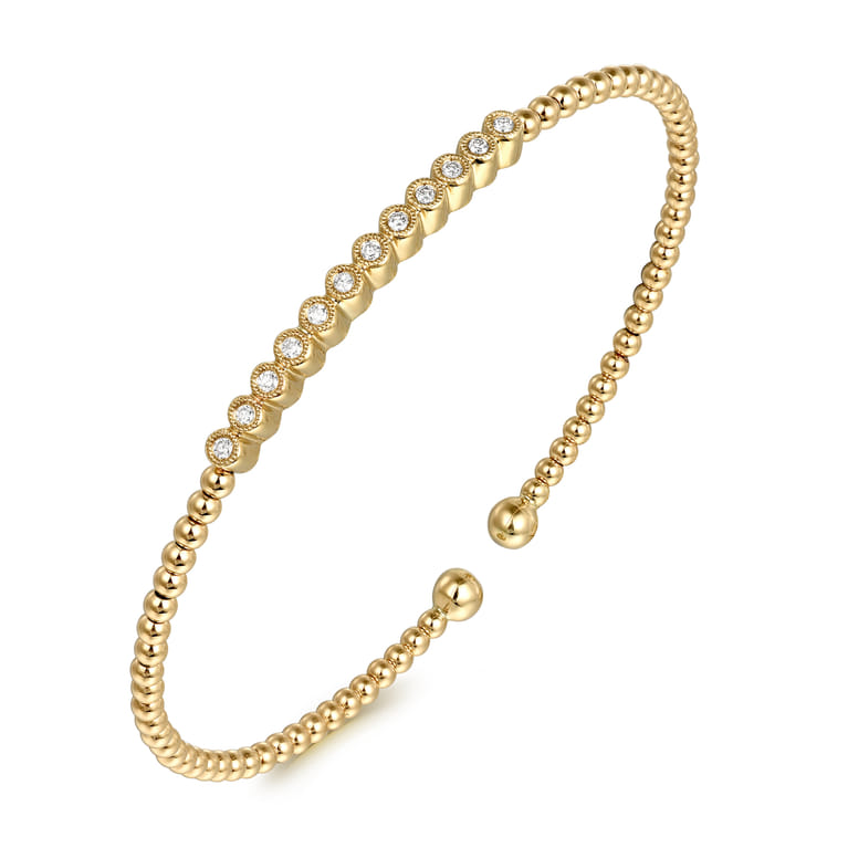 14K Yellow Gold Bujukan Bead Cuff Bracelet with Bezel Set Diamond Stations - 0.15 ct - Shot 2