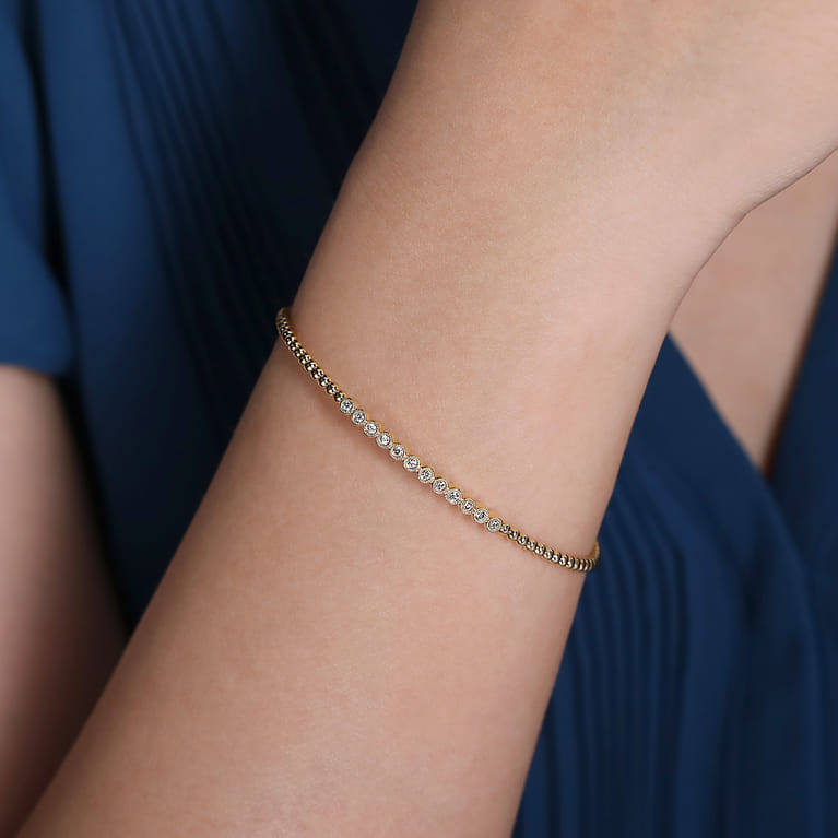 14K Yellow Gold Bujukan Bead Cuff Bracelet with Bezel Set Diamond Stations - 0.15 ct - Shot 4
