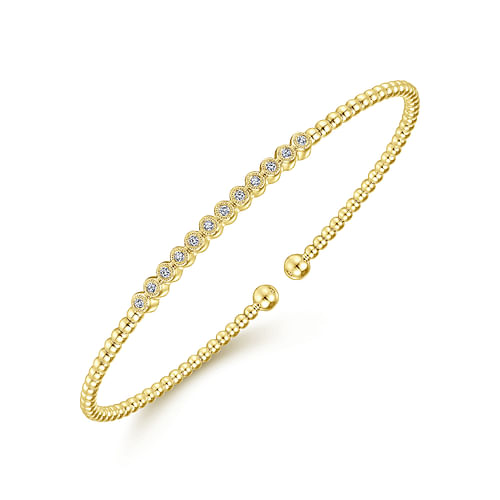 14K Yellow Gold Bujukan Bead Cuff Bracelet with Bezel Set Diamond Stations - 0.14 ct - Shot 2