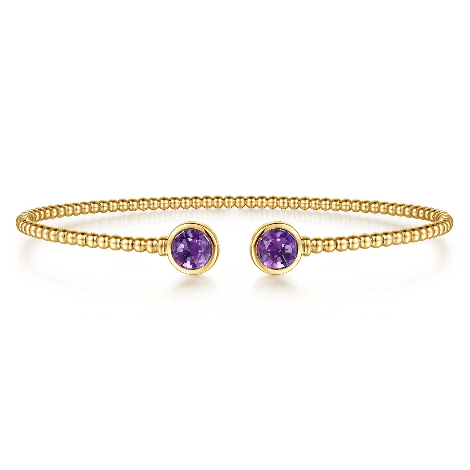 14K Yellow Gold Bujukan Bead Cuff Bracelet with Bezel Set Round Amethyst - Shot 1