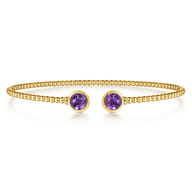 14K Yellow Gold Bujukan Bead Cuff Bracelet with Bezel Set Round Amethyst