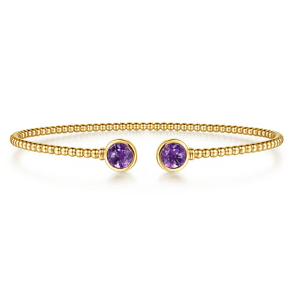 14K Yellow Gold Bujukan Bead Cuff Bracelet with Bezel Set Round Amethyst