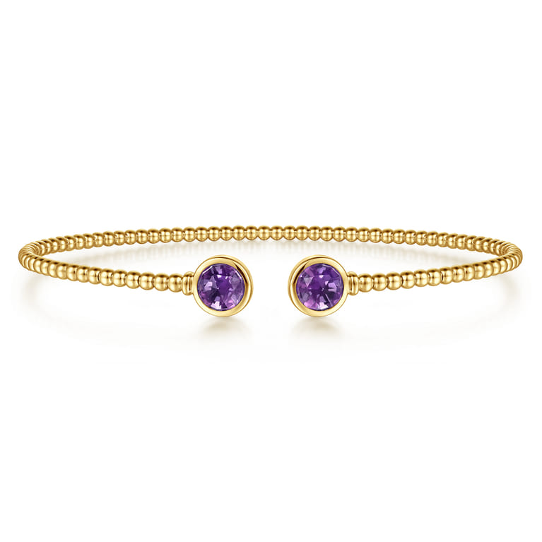 14K Yellow Gold Bujukan Bead Cuff Bracelet with Bezel Set Round Amethyst - Shot 1